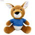 A plush kangaroo toy featuring brown fur and a blue shirt, with large ears and a friendly expression.