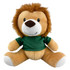 A plush lion toy with a tan body, brown mane, and green shirt, featuring a friendly smile and soft features.