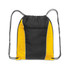 A black and yellow drawstring backpack with a front zip pocket and adjustable straps. It has a logo.
