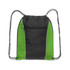 A drawstring backpack in black and green, featuring a front zip pocket and contrasting side panels.