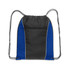 A drawstring backpack features a black and blue design with a zippered front pocket and black cords.
