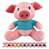 A pink pig plush toy with a blue shirt, surrounded by smaller pig plush toys in various coloured shirts.