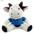 A plush cow toy wearing a blue shirt, featuring black and white fur and a friendly expression.