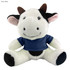 A plush cow toy with a friendly expression, wearing a navy blue shirt and featuring black and white fur.