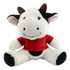 A plush cow toy with black and white fur, wearing a red shirt, sitting with a smile. It has a logo on the shirt.