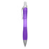 A purple plastic pen with a textured grip and a click mechanism, featuring a logo on its body.