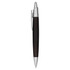 A plastic pen featuring a sleek black body with silver accents and a clip. The pen has a streamlined design and a logo.
