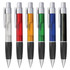 A collection of six plastic pens in clear, red, orange, green, blue, and black, featuring a grip and a logo.