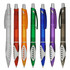 A selection of plastic pens in various colours: clear, orange, green, white, purple, and brown, each featuring a logo.