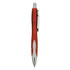 A red plastic pen with a silver clip and a white grip section. The pen features branding.