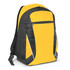 A yellow and black backpack with a front zip pocket and mesh side pockets, featuring a logo.
