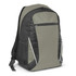 A grey and black backpack with a front zip pocket and side mesh pocket, featuring a logo.