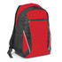 A red and black backpack featuring a zippered front pocket and side mesh pockets. It has a logo on the design.