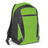 A green and black backpack with a front pocket and mesh side pocket, featuring a logo.