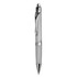 A plastic pen in grey with a silver clip and tip, featuring a logo on its body.