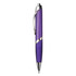 A purple plastic pen with a silver clip and finish, featuring a logo on the barrel.