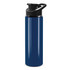 A drink bottle in navy blue with a black snap cap and a built-in handle for easy carrying. It features a logo.