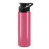 A drink bottle in vibrant pink with a black snap cap and a branded logo.