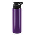 A drink bottle in a vibrant purple shade with a black snap cap and a logo.