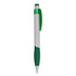 A plastic pen in white with green accents and a textured grip. It includes a clip and a branding logo.