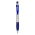 A plastic pen featuring a white barrel, blue grip, and a blue clip with a logo.