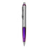 A purple and silver plastic pen with a silver clip and tip, featuring a brand logo.