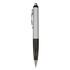 A plastic pen with a silver barrel and black grip, featuring a clip and a sleek design.
