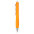 An orange plastic pen with a sleek design and a metal clip. The tip is silver.