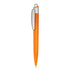 An orange plastic pen with a silver clip and details, featuring a logo on the body.