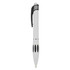 A plastic pen in white with black accents and a stylish grip, featuring a clip and a branding logo.