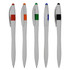 A set of five plastic pens in grey, featuring orange, green, blue, and black accents, with a branding logo.