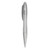 A plastic pen in silver and clear, featuring a clip and a retractable tip, with branding visible.