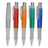 A set of five plastic pens in grey, red, orange, green, and blue, each featuring a logo and textured grip.