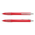 A metal pen in vibrant red with silver accents and a logo, featuring a sleek design and retractable tip.