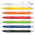 A collection of metal pens in white, yellow, orange, red, green, blue, and black with silver accents and a logo.