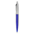 A blue plastic pen with a silver clip and tip, featuring a smooth, sleek design. It has a logo on the barrel.