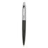 A plastic pen in black with a silver clip and tip, featuring a logo on the barrel.