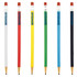 A collection of six round mechanical pencils in white, red, yellow, green, blue, and black, each with an eraser and branding.