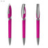 A pink transparent plastic pen with a silver clip and tip, featuring a sleek design. It has a logo on its body.