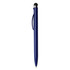 A plastic pen in a sleek blue design with a silver clip and a stylus tip. Features a logo on the barrel.