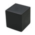A black stress cube with a smooth, soft texture and rounded edges. It features a logo on one side.