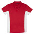 A red and white polo shirt with a collar and buttons, featuring short sleeves and a logo.