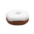 A brown and white stress donut, resembling a chocolate-covered donut with icing on top, has a smooth surface and a circular shape.