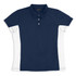 Navy and white women's polo shirt with a collar and short sleeves, featuring a logo on the chest.