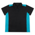 A black polo shirt with turquoise side panels and a collar, featuring a logo on the front.
