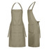 A khaki apron with a pocket and adjustable ties, displayed from both the front and back. It features a logo.