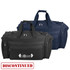 A black and navy duffle bag with handles and zippers, featuring a logo on the front.