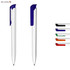 Plastic pens in white, featuring blue and other coloured caps, displayed against a white background. Includes a logo.