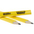 Three yellow carpenter pencils with sharpened tips, featuring a logo on one of them.