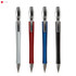 Four metallic pens in silver, red, blue, and black, featuring chrome accents and clips. Each pen has a sleek design.